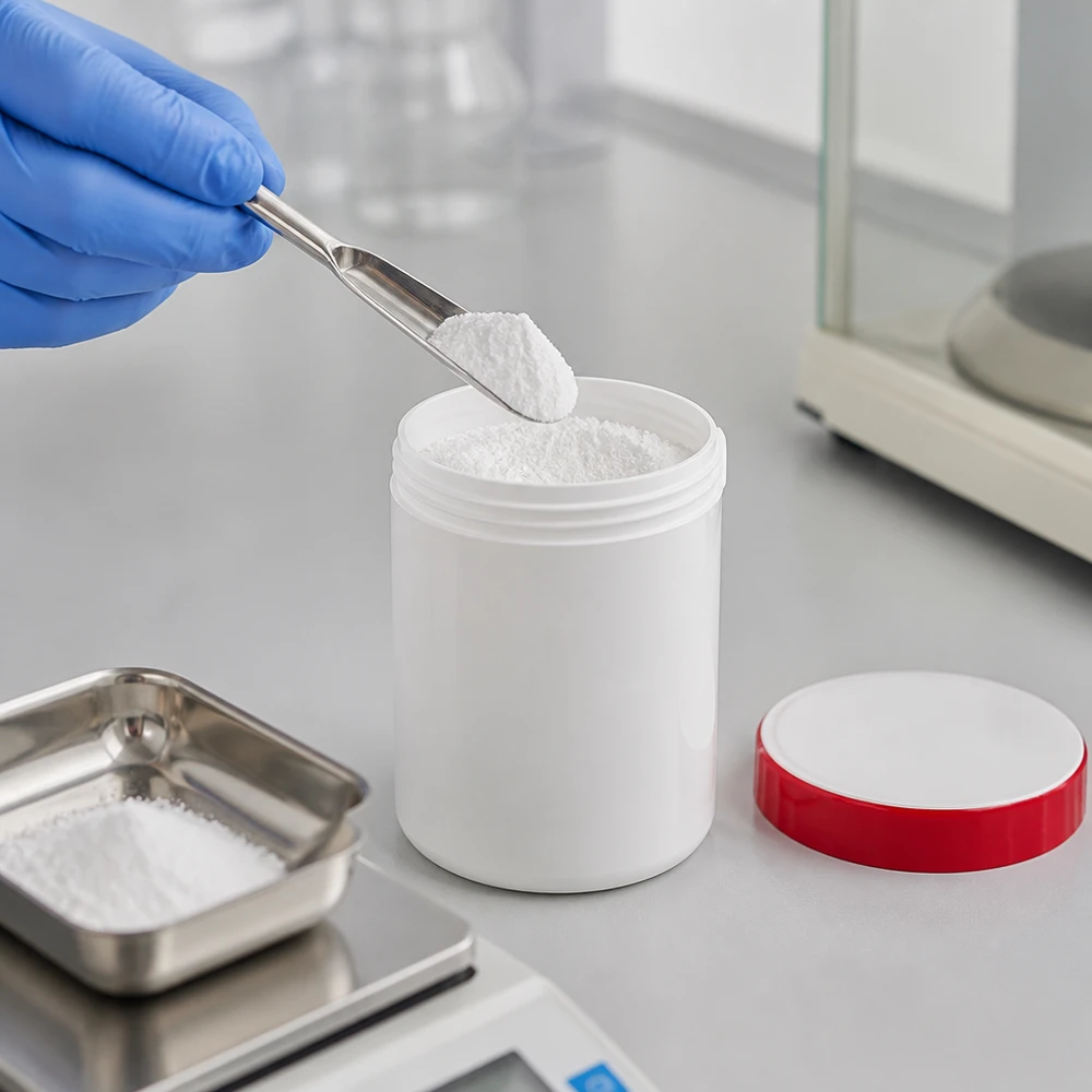 Pot à onguent blanc 500 g avec couvercle rouge (PP) Récipient de conditionnement de 500 g en PP blanc, muni d'un bouchon à vis rouge et d'une spatule en acier inoxydable, en cours d'utilisation