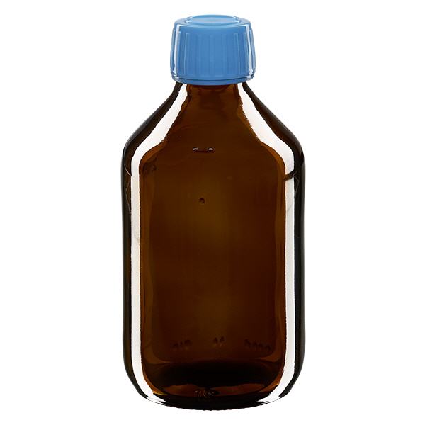 Flacone per medicinali da 250 ml marrone, tappo blu antimanomissione Flacone per medicinali da 250 ml marrone, tappo blu antimanomissione