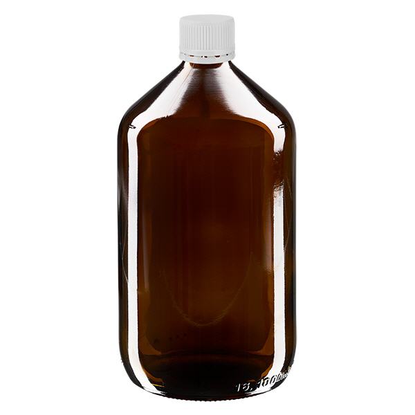 Flacone per medicinali da 1000 ml marrone, tappo bianco con chiusura antimanomissione Flacone per medicinali da 1000 ml marrone, tappo bianco con chiusura antimanomissione