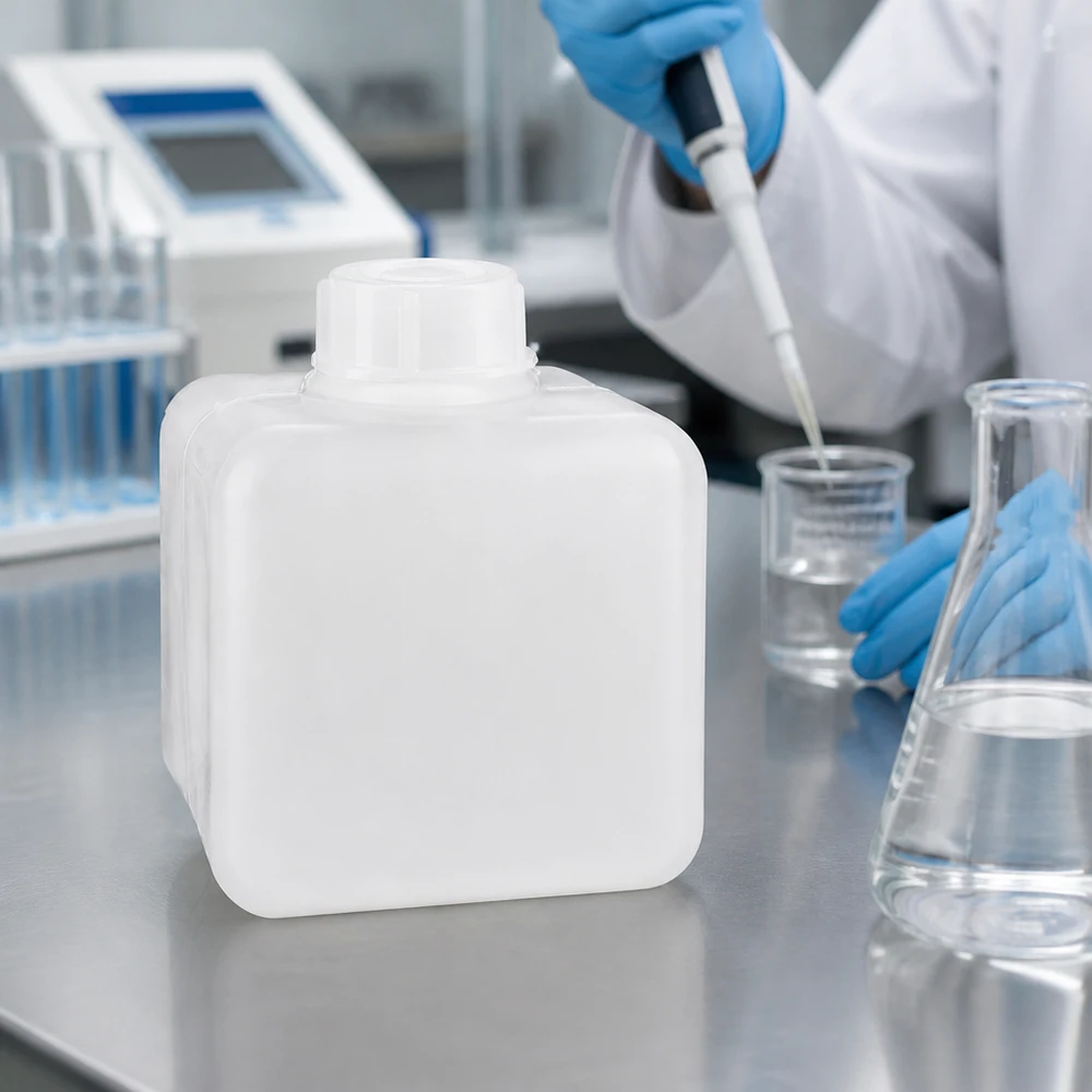 Flacon à produits chimiques 500 ml à col étroit, PEHD couleur naturelle, avec bouchon GL 32 Récipient en plastique PE-HD blanc de 500 ml à col étroit pour produits chimiques, avec illustration d'un laborantin portant des gants bleus