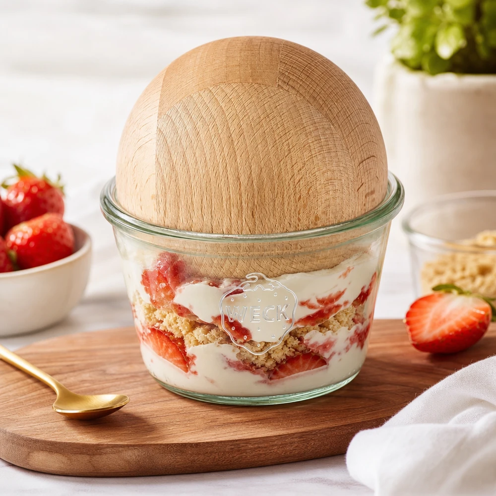 Bicchieri WECK RR100 da 370 ml con sfera in legno di faggio Vaso WECK RR100 da 370 ml con dessert alla fragola Coperchio a sfera in faggio Dessert a strati Dessert da servire