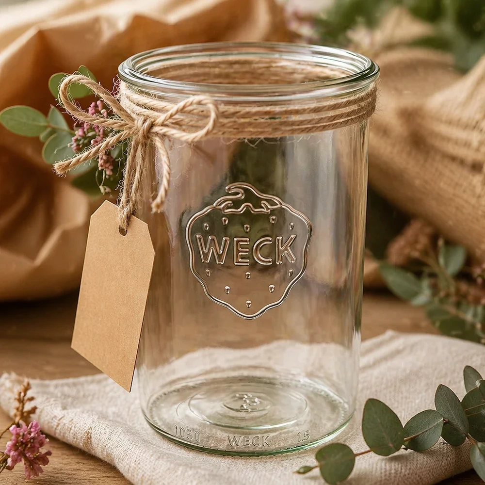 Barattolo di vetro WECK RR100 da 1000 ml Barattolo per conserve WECK RR100 da 1000 ml con cordino di iuta e ciondolo decorato su un tavolo di legno rustico