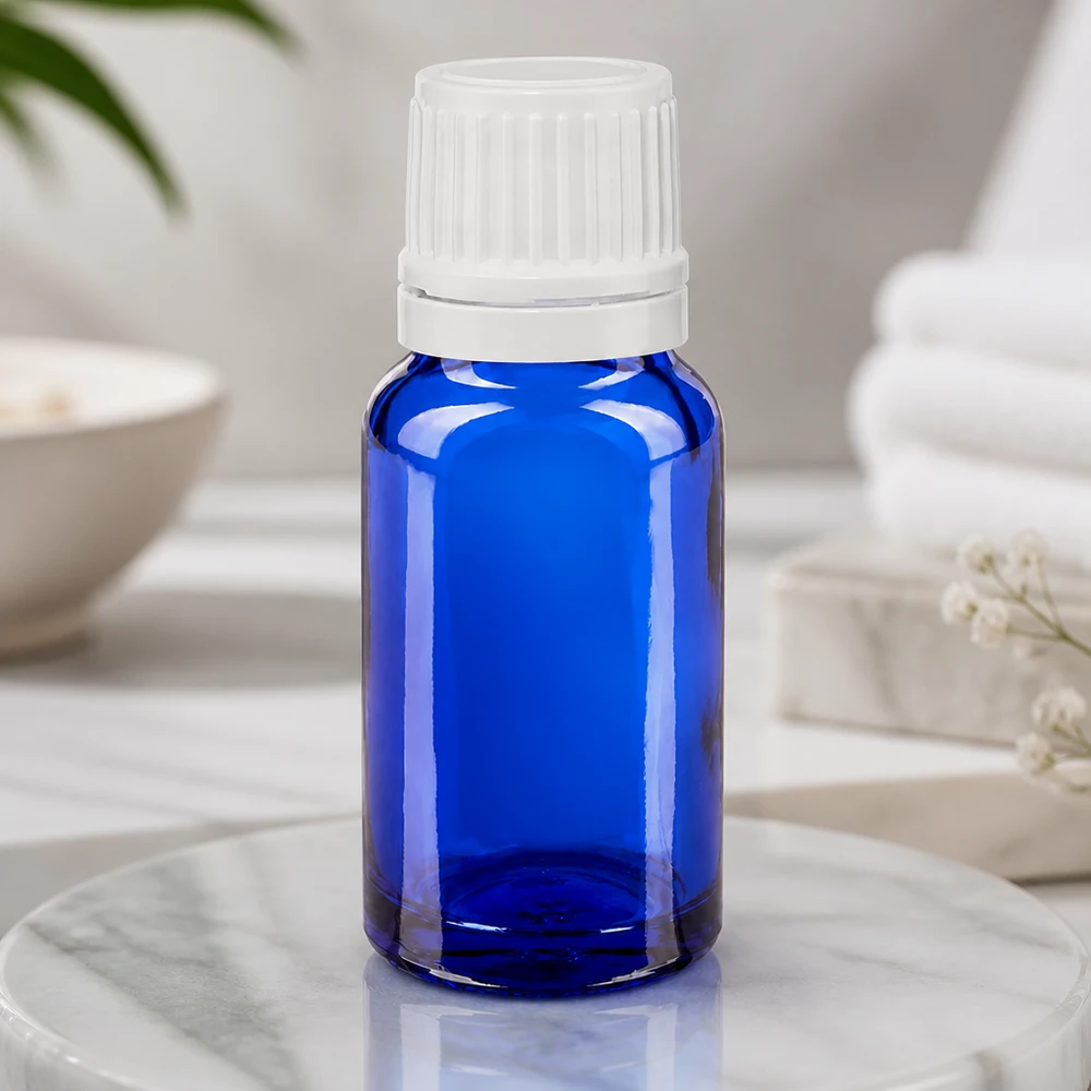 Apothekenflasche blau 10ml Schraubverschluss weiß Originalitätsverschluss Hochwertige 10ml Flasche aus blauem Apothekerglas mit manipulationssicherem OV-Verschluss