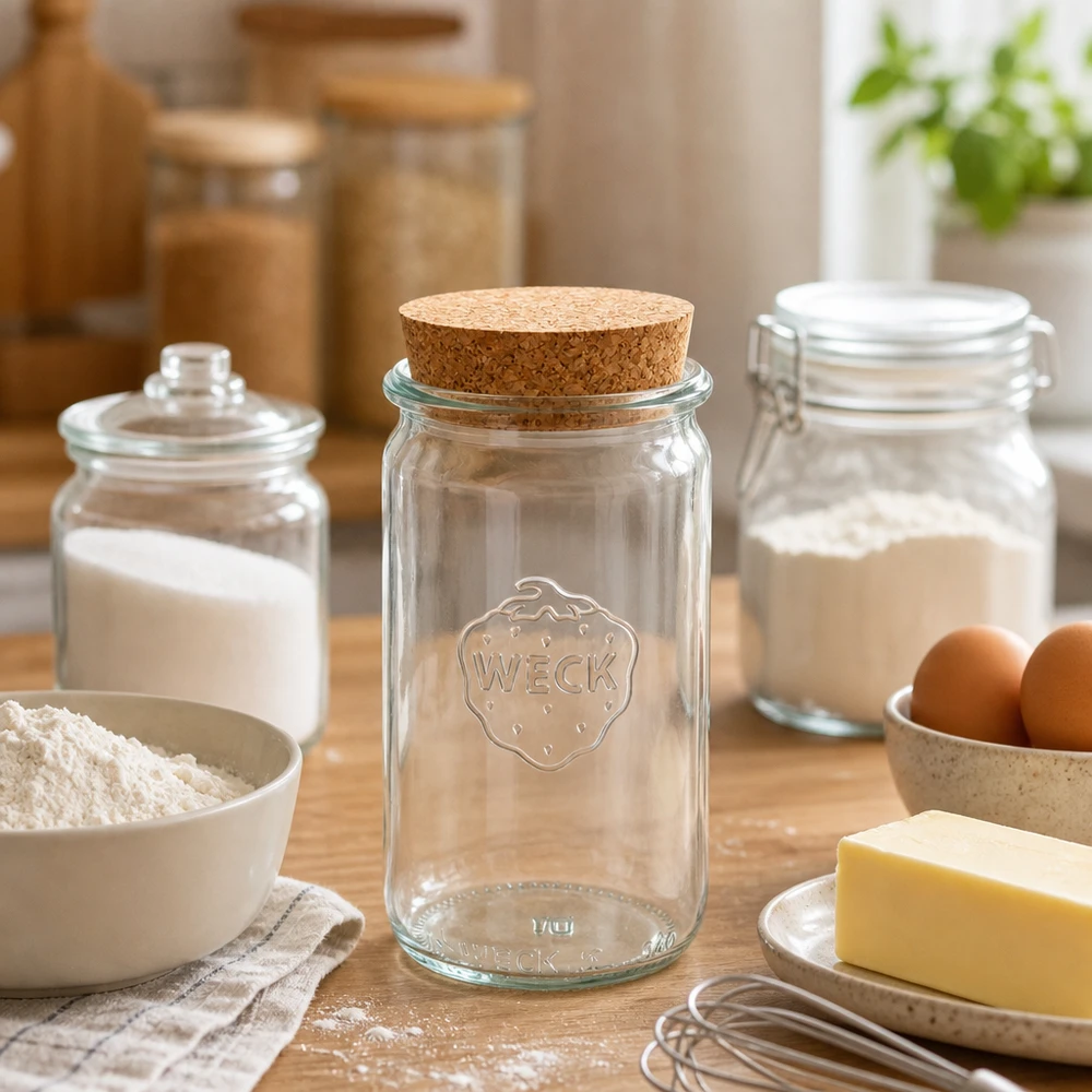 Vaso cilindrico da 340 ml WECK RR60 con tappo in sughero naturale WECK vaso per conserve 340ml RR60 con tappo in sughero tra ingredienti da forno farina burro uova come pratico barattolo da cucina