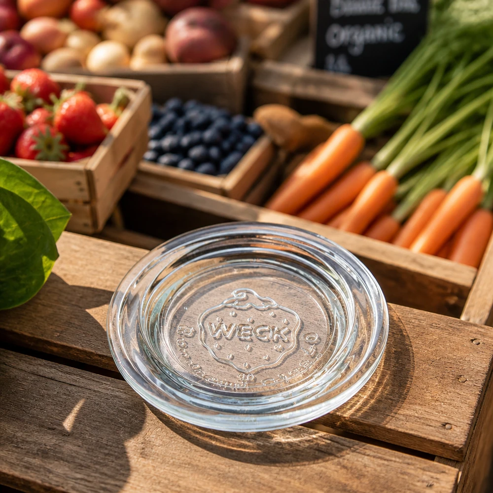 Coperchio in vetro WECK RR40 Coperchio di vaso WECK RR40 su un tavolo di legno in un'atmosfera di mercato con frutta e verdura fresca sullo sfondo