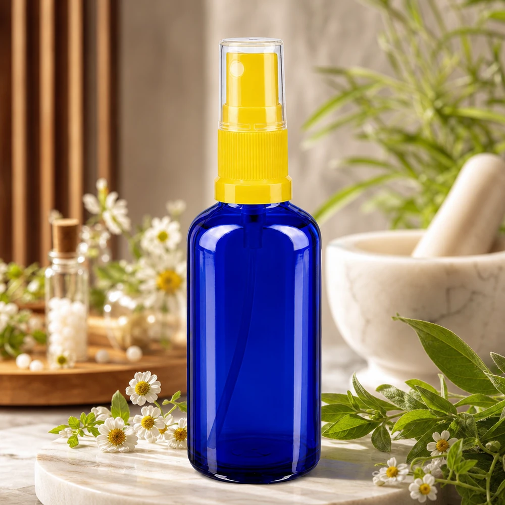 Rundschulterflasche 50ml blau mit gelbem Sprühmechanismus für pharmazeutische Anwendungen
