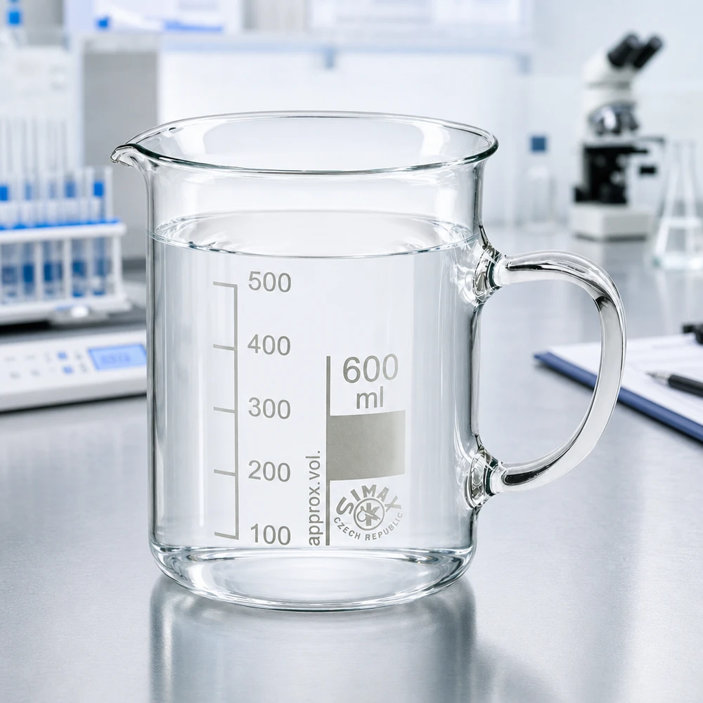Bicchiere da 600 ml in vetro borosilicato, con manico Bicchiere da laboratorio trasparente da 600 ml con manico della Simax (Repubblica Ceca) su un tavolo da laboratorio con microscopio