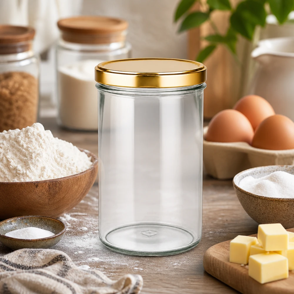 Vaso di vetro da 277 ml con coperchio dorato in cucina con ingredienti da forno farina uova burro come vaso di stoccaggio per la cottura