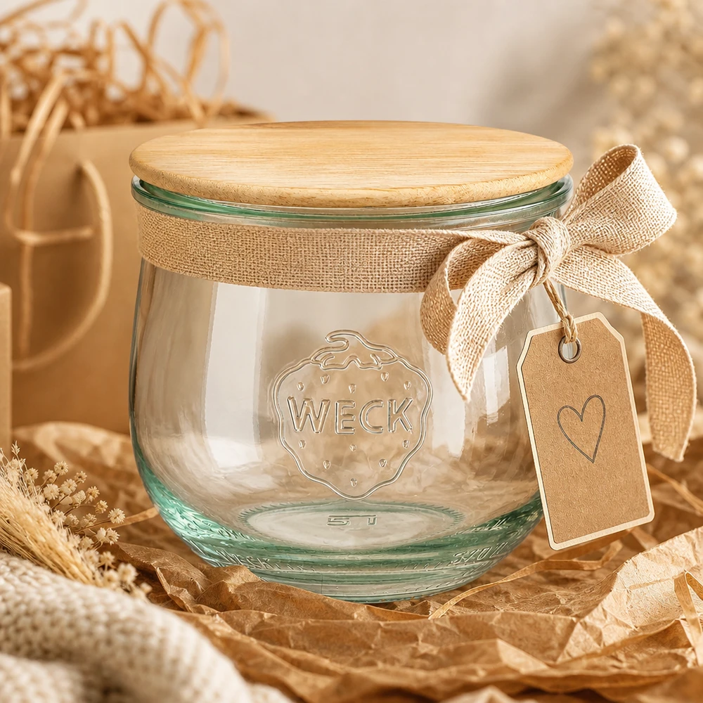 WECK RR80 370ml vaso a tulipano come confezione regalo con fiocco di iuta ed etichetta su materiali decorativi naturali