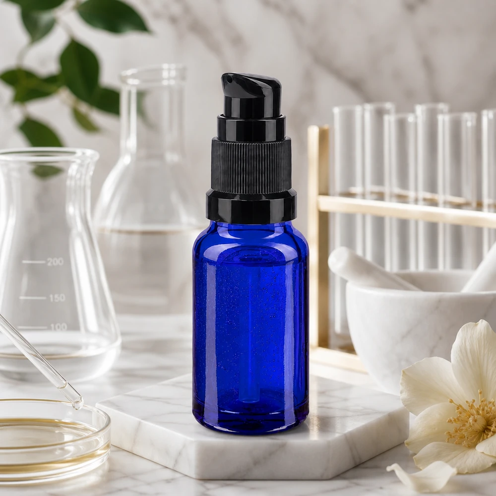 10ml Blauglas Pumpflasche STD schwarz für präzise Dosierung von Kosmetikprodukten