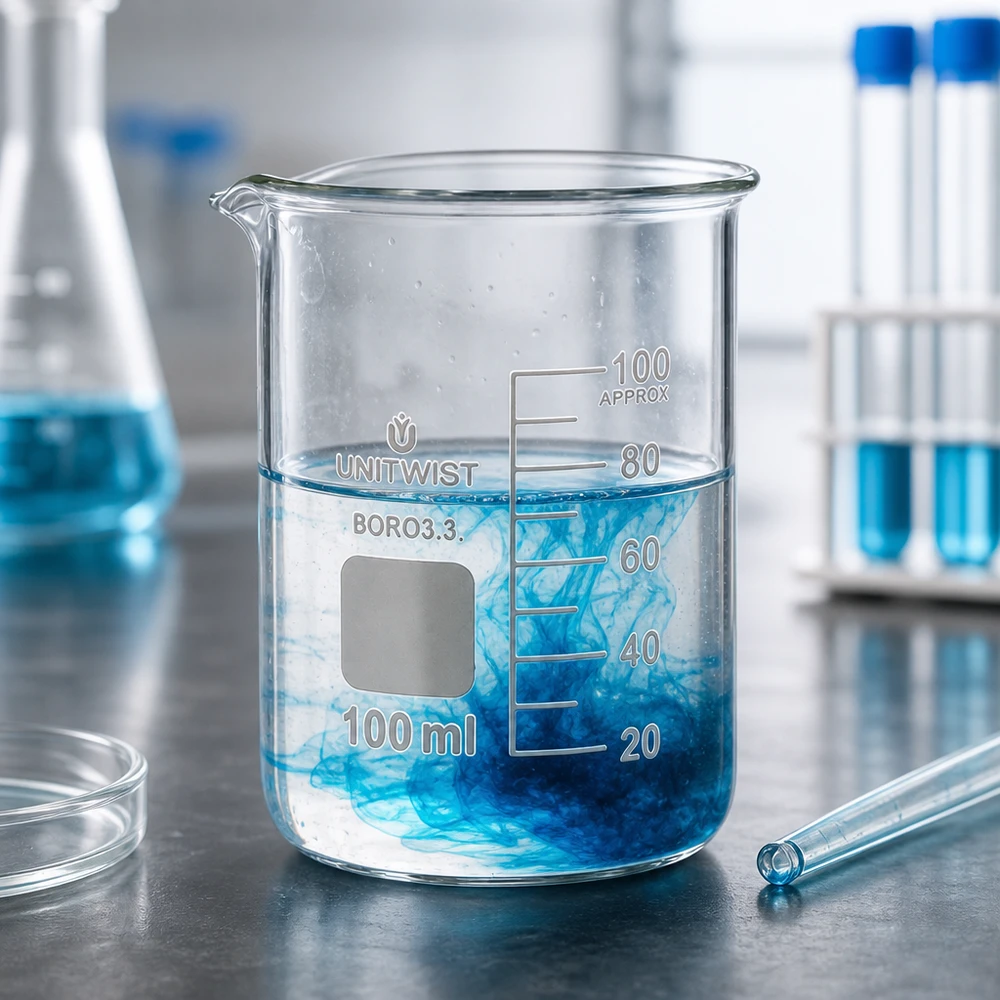 Bicchiere 100ml borosilicato, stampo basso UNiTWIST Becher da laboratorio trasparente da 100 ml con liquido blu che si diffonde su una superficie metallica