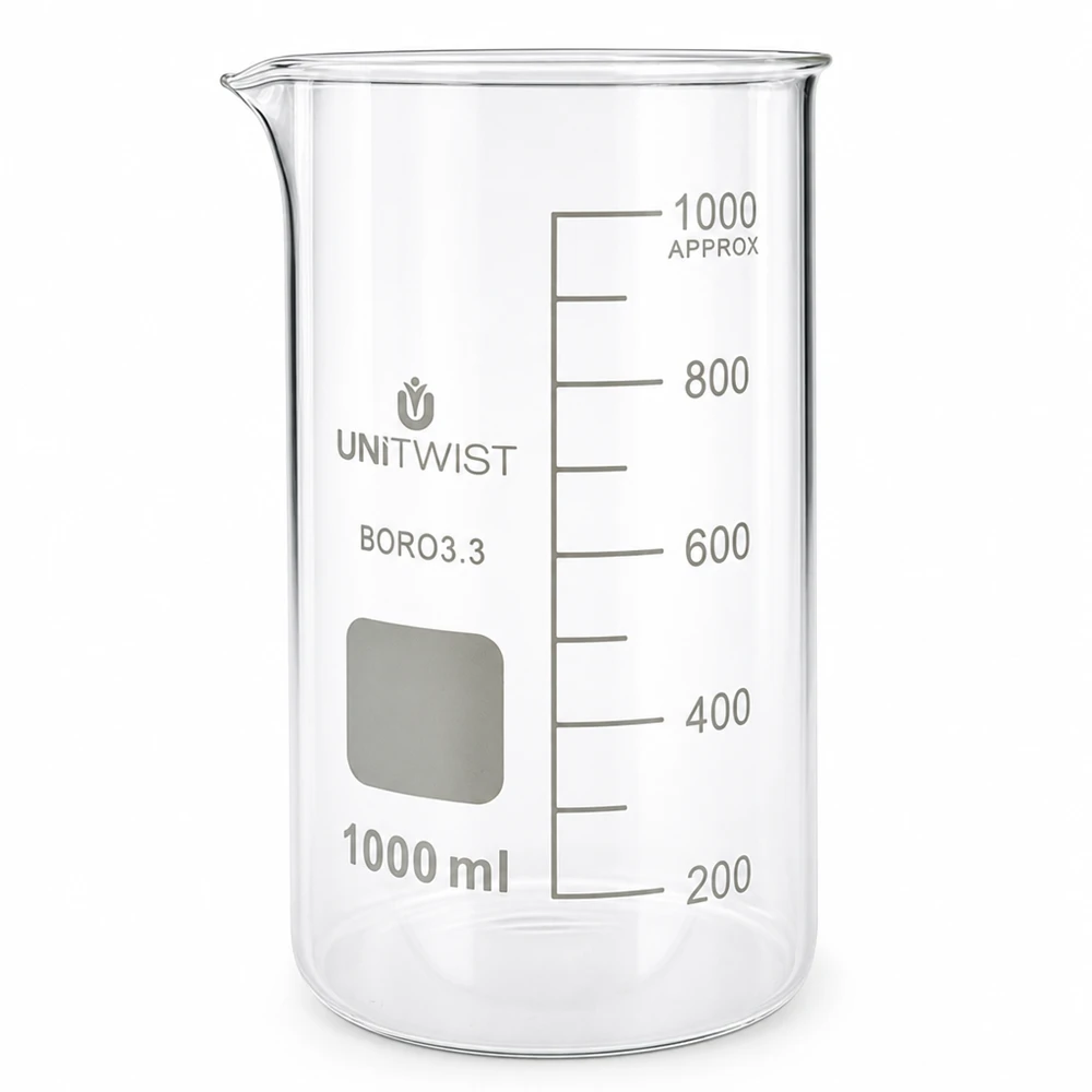 Bicchiere 1000ml borosilicato, stampo alto UNITWIST Bicchiere da laboratorio da 1000 ml, modello alto, in vetro borosilicato UNITWIST con scala graduata in millilitri fino a 1000 ml