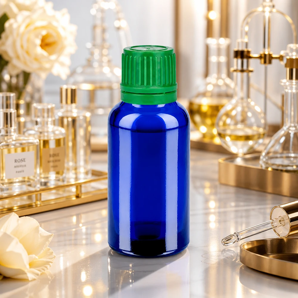 Flacone da 30ml 11mm SV verde OV BlueLine UT18/30 Flacone compatto da 30 ml in vetro ambrato blu con pratico tappo a vite verde