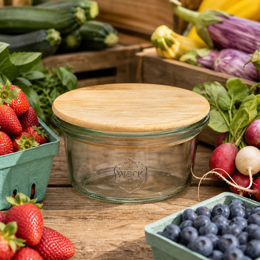 Mini barattolo da 50 ml WECK RR60 con coperchio in legno WECK mini mason jar 50ml con coperchio in bambù circondato da frutta e verdura fresca su un tavolo di legno in stile cascina