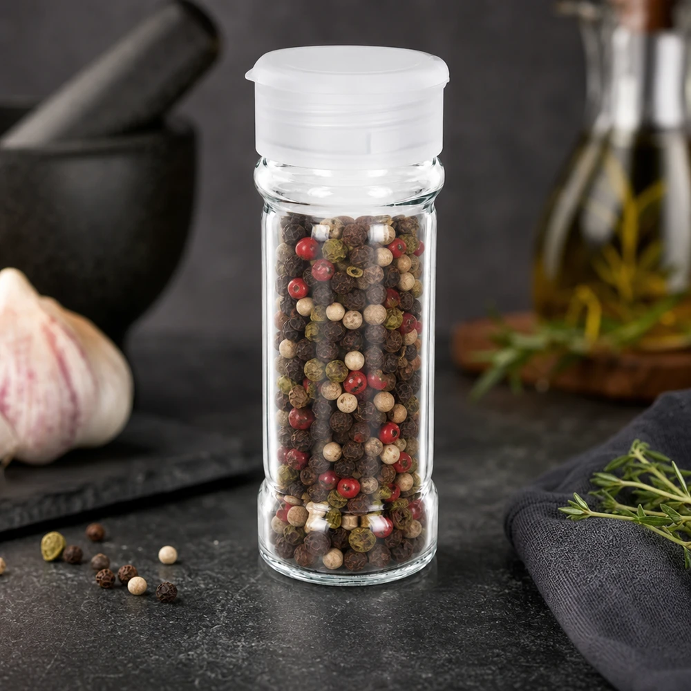 Gewürzglas 100ml aus klarem Glas mit weißem Streueraufsatz und buntem Pfeffermix