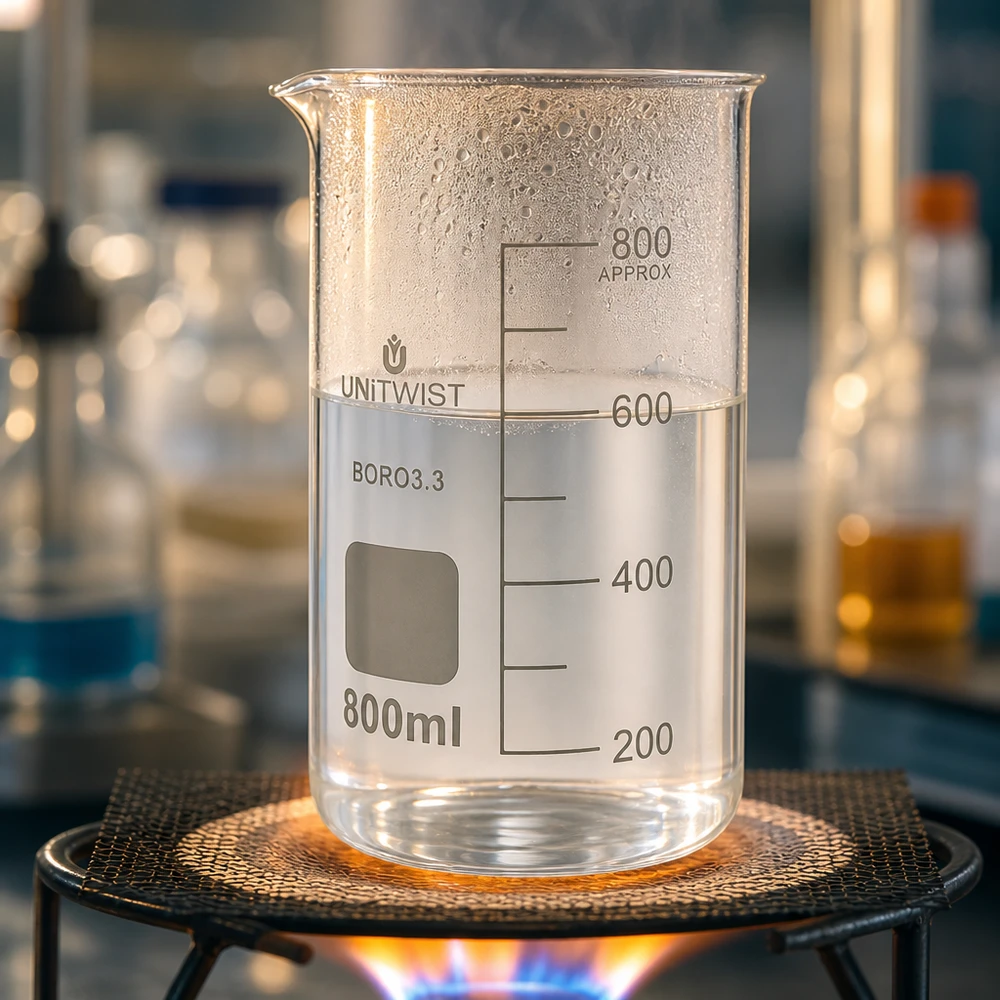 Bicchiere 800ml borosilicato, stampo alto UNITWIST Bicchiere da laboratorio UNITWIST da 800 ml in borosilicato, di forma alta, riscaldato su un bruciatore a gas e contenente un liquido trasparente