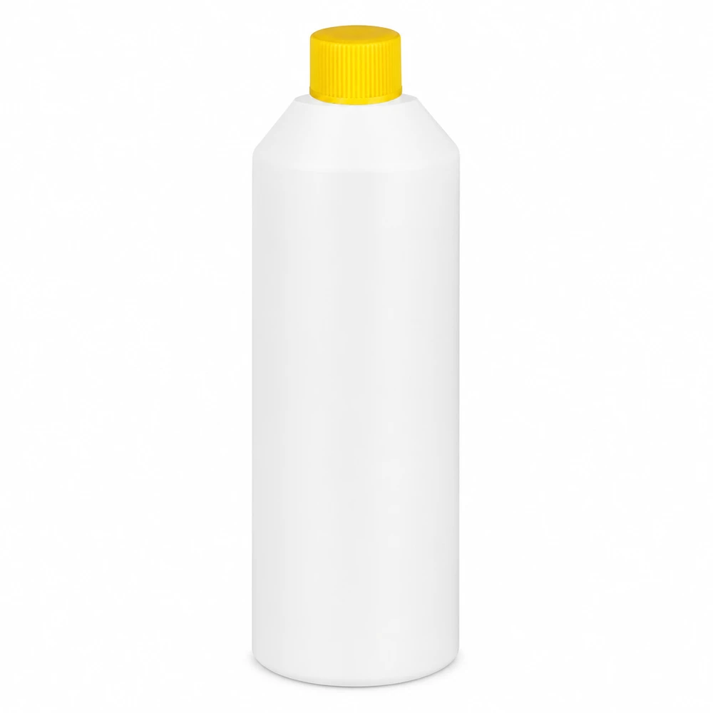 Zylindrische Kunststoffflasche 250ml weiß mit gelbem SV für Apotheken