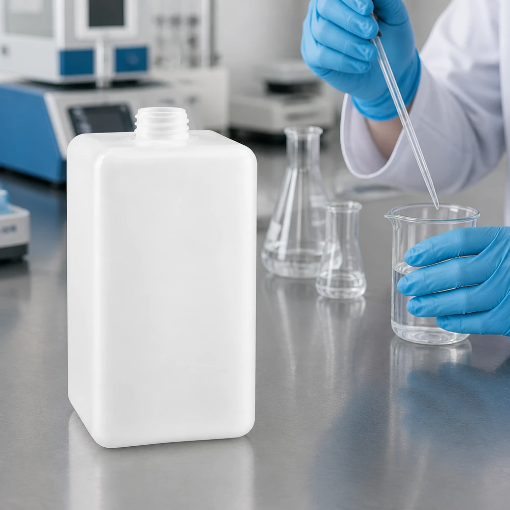 Bouteille blanche en PE-HD de 1 500 ml, col étroit GL 32, empilable, peu encombrante, rectangulaire, pour laboratoire