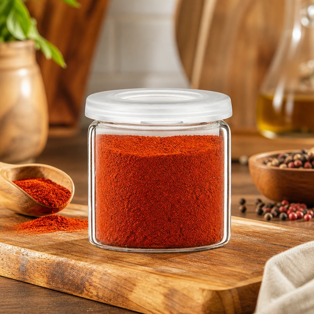 Vetro cilindrico con bordo arrotolato e polvere di spezie rosse su un tagliere di legno – Foto del prodotto