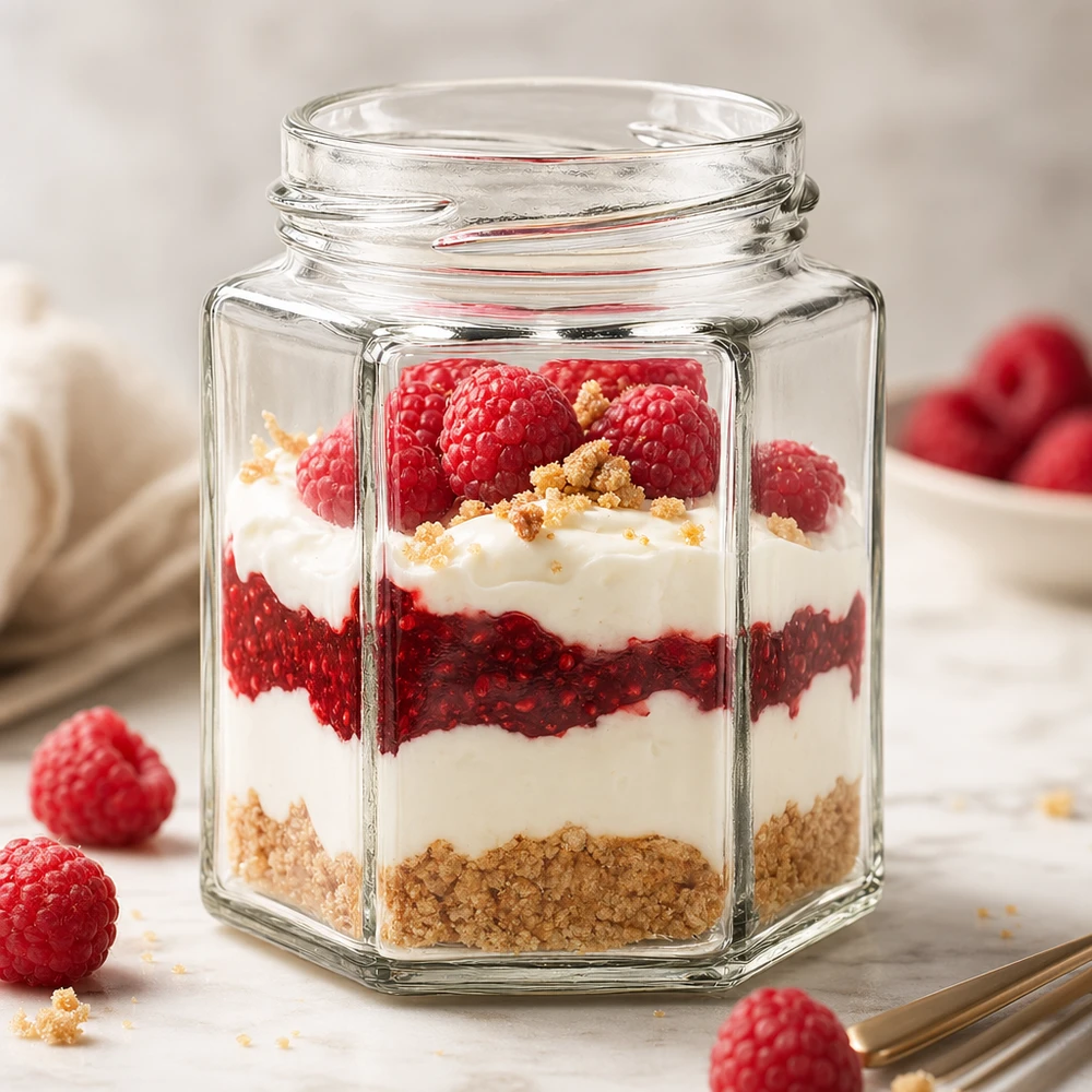 196ml Hexaglas ohne Deckel (TO58) UNiTWIST UNiTWIST Hexa196 sechseckiges Glas 196ml mit Schichtdessert aus Beeren Joghurt und Kekskrümeln gefüllt