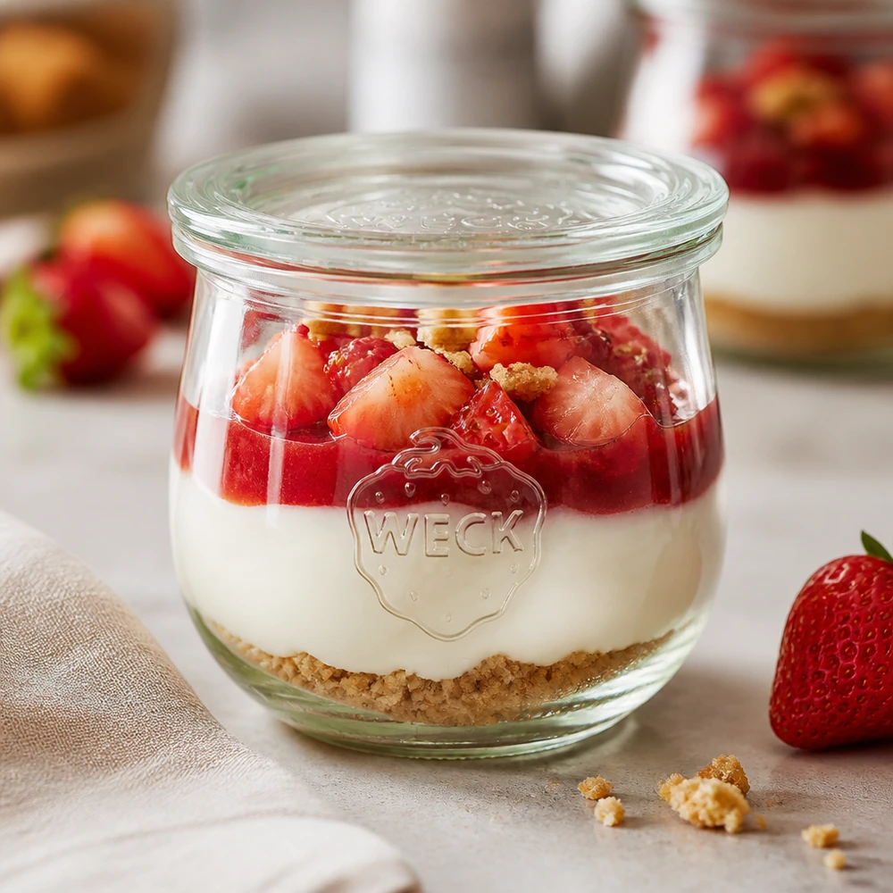 Barattolo a tulipano da 370 ml con coperchio in vetro WECK RR80 WECK vaso a tulipano 370ml RR80 con dessert alla fragola a strati e base di biscotto servito come dessert in vaso
