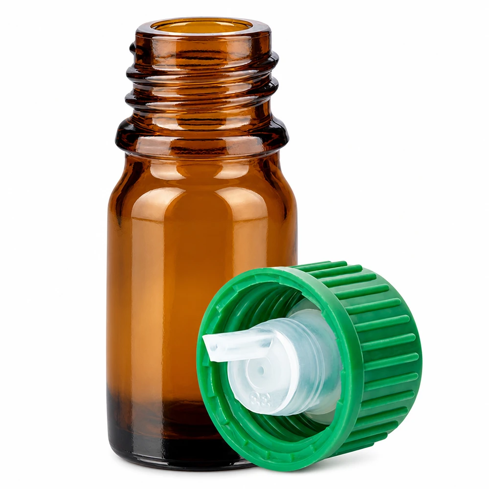 5ml Tropfflasche 0.8mm grün Standardverschluss BrownLine UT18/5 Bernsteinfarbene 5ml Tropfflasche mit grünem Schraubdeckel für lichtempfindliche Substanzen