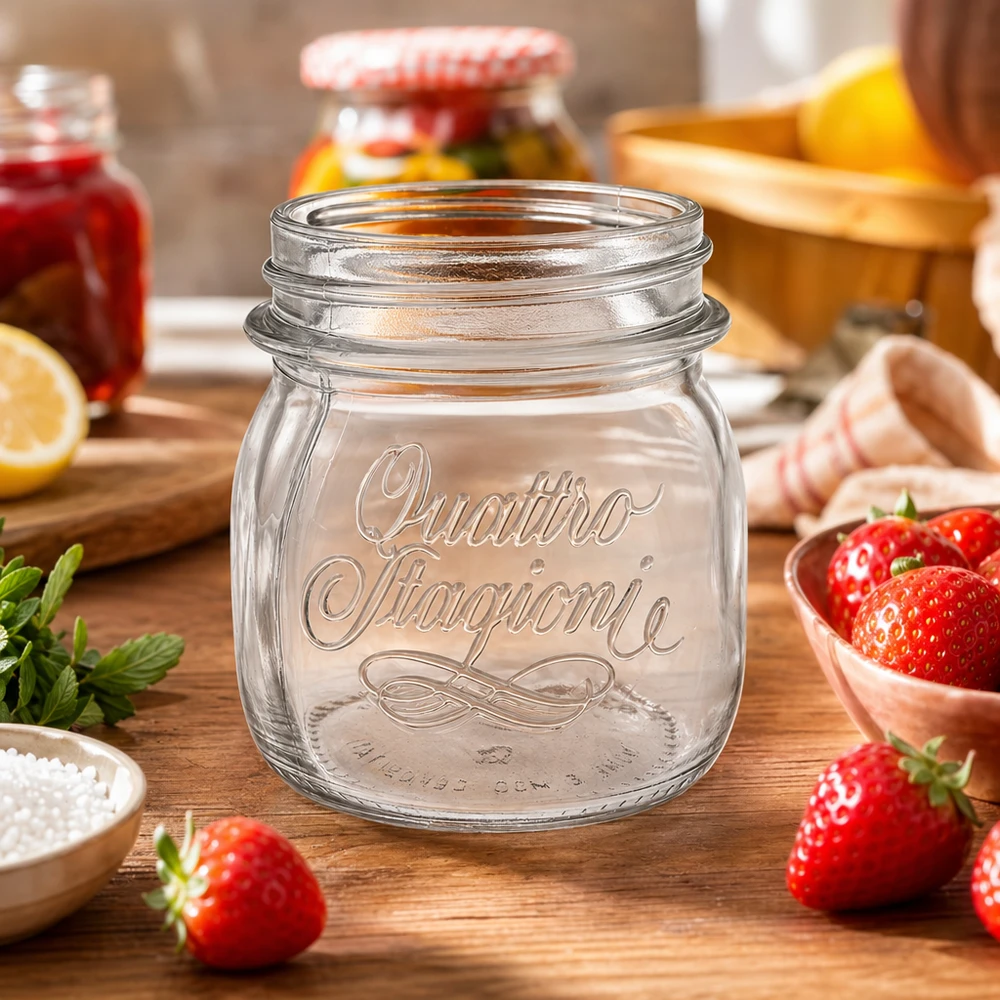 Bicchiere da 250 ml per uso domestico "Quattro Stagioni Barattolo Quattro Stagioni da 250 ml su un tavolo di legno con fragole fresche e utensili da cucina per la conservazione
