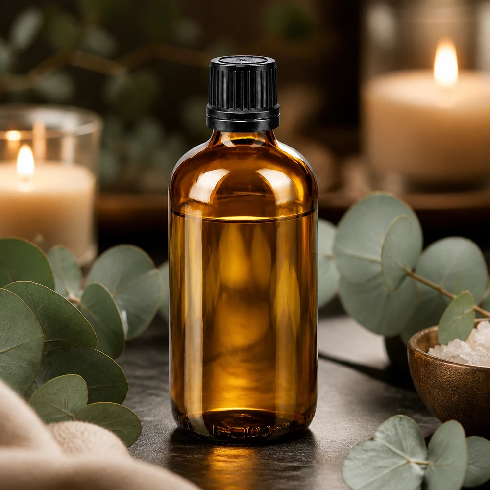 Flacon compte-gouttes en verre ambré de 100 ml avec bouchon OV noir, sur fond « Spa » aux notes d'eucalyptus