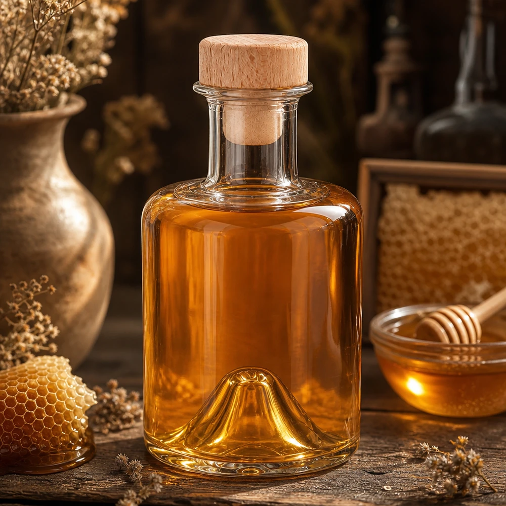 Flacone farmaceutico da 200 ml Sofia con tappo in sughero con impugnatura in legno UNiTWIST® Bottiglia in vetro di Sofia da 200 ml con tappo in legno riempita di miele in una cucina rustica accanto a favi e vasetti di miele
