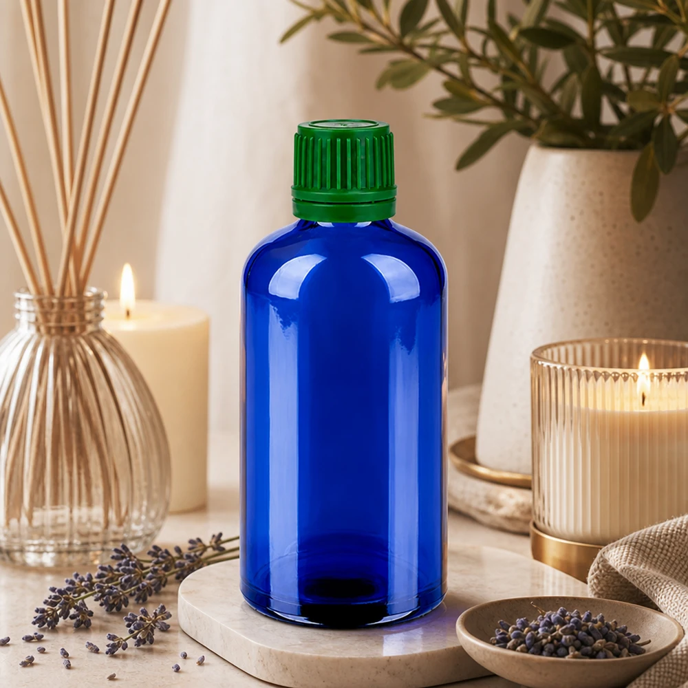 100ml Flasche 11mm Schraubverschluss grün Originalitätsverschluss BlueLine UT18/100 Recycelbare Glasflasche 100ml in Kobaltblau mit kindersicherem grünem Schraubverschluss