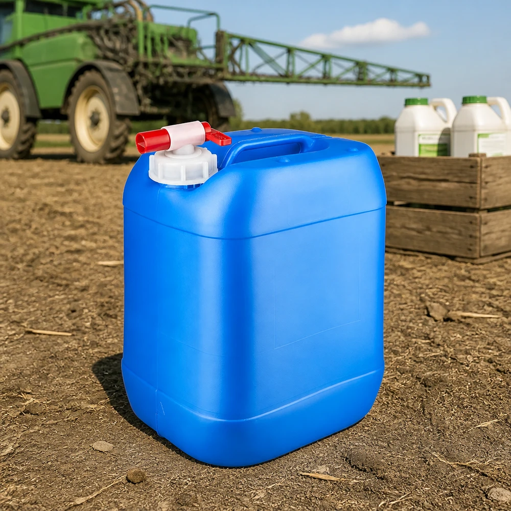 Kanister 20 Liter blau mit Auslaufhahn Hellblauer Großkanister 20 Liter mit Sicherheitshahn neben Pflanzenschutzmittelflaschen