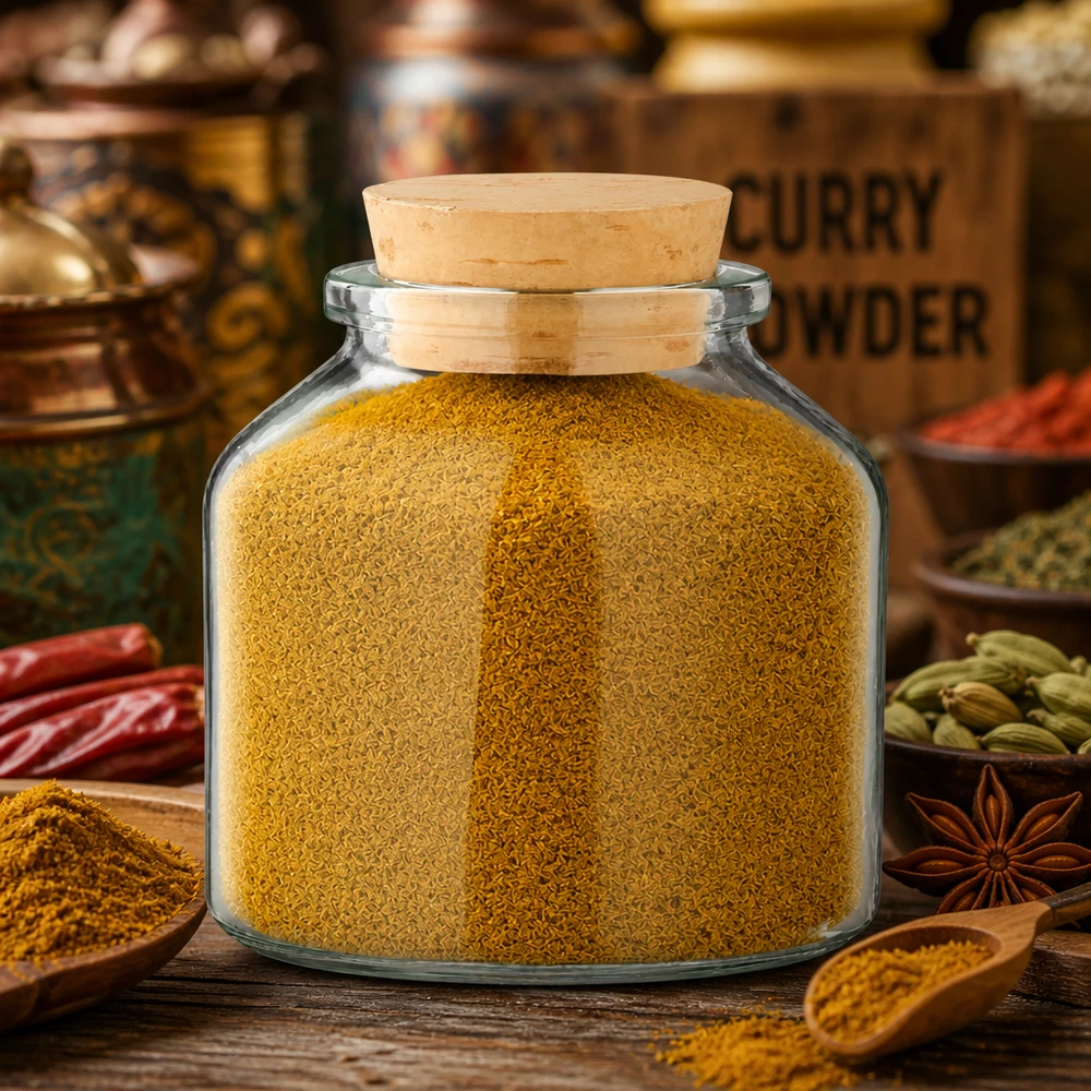 Idea barattolo per spezie: rotondo 100ml trasparente con tappo di sughero 22/26 Vaso in vetro trasparente bombato da 100 ml con tappo in sughero, contenente curry in polvere di colore giallo dorato e cardamomo