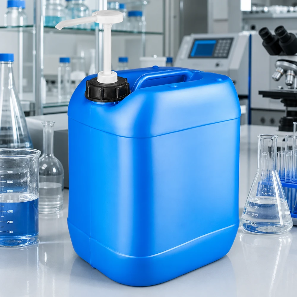 Bidon de 20 litres bleu avec pompe doseuse Bidon rectangulaire en plastique de 20 L, bleu, avec pompe doseuse intégrée pour un dosage précis des liquides