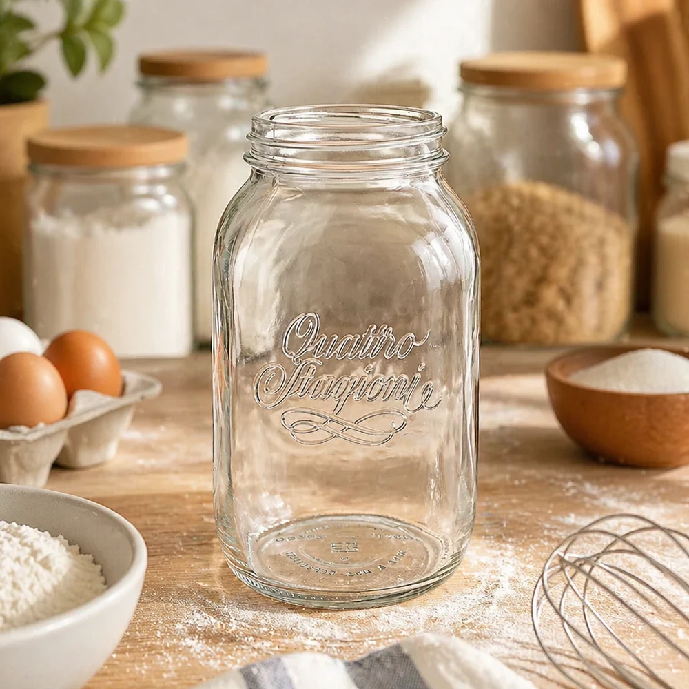 Barattolo Quattro Stagioni da 1500 ml con tappo a vite su tavolo in legno con ingredienti da forno e utensili da cucina