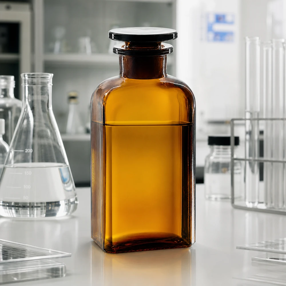 Bottiglia quadrata 250ml marrone con collo largo e tappo in vetro Fiaschetta da laboratorio in vetro ambrato da 250 ml, di forma quadrata, con tappo a smeriglio, per la conservazione al riparo dalla luce