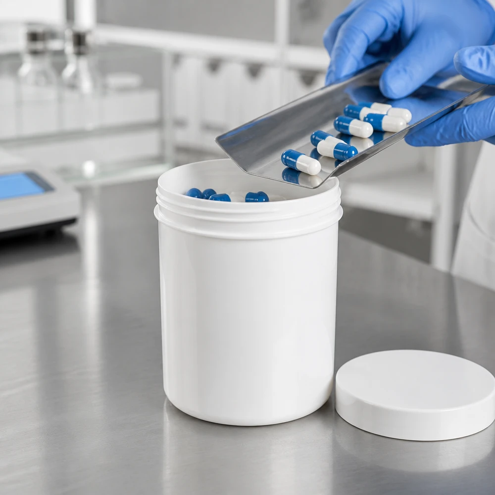 Remplissage, en laboratoire, d'un pot en PP blanc de 10 g avec des gélules rigides bleues et blanches
