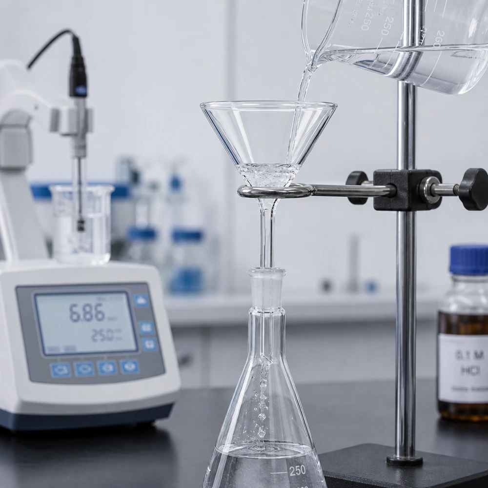 Imbuto preciso da 55 mm in vetro soda-lime con manico corto per un dosaggio preciso in laboratorio e in cucina