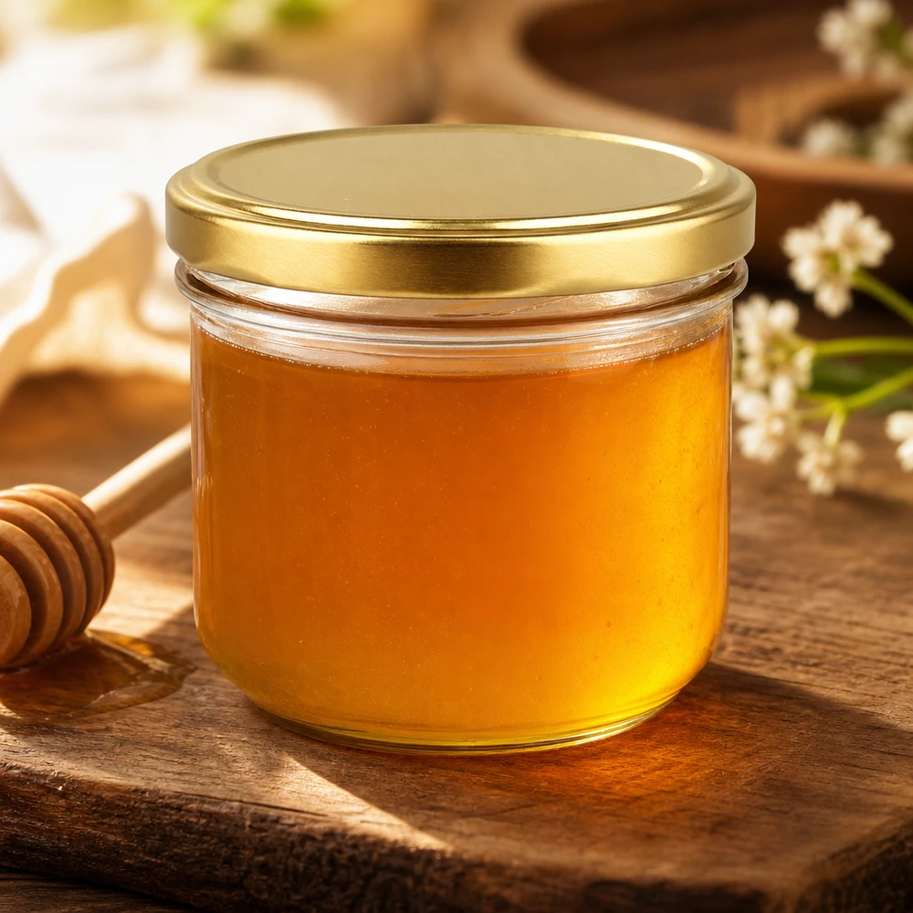 260ml Sturzglas mit BasicSeal Deckel gold UNiTWIST 260ml Sturzglas mit BasicSeal Deckel gold gefüllt mit Honig neben Honiglöffel auf rustikalem Holztisch