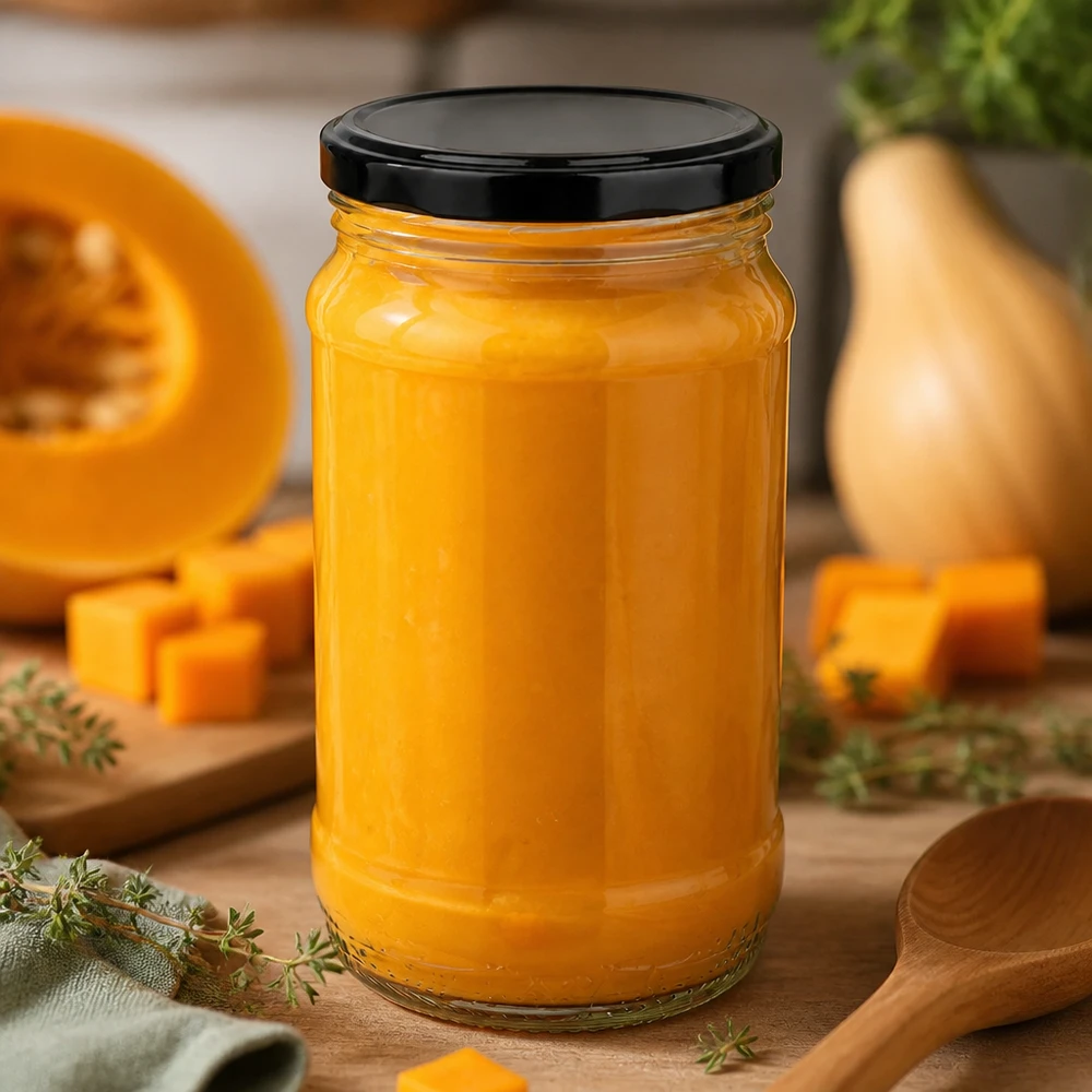 370ml Einmachglas UNiTWIST mit schwarzem Twist-off Deckel und orangefarbener Kürbissuppe auf Holzuntergrund