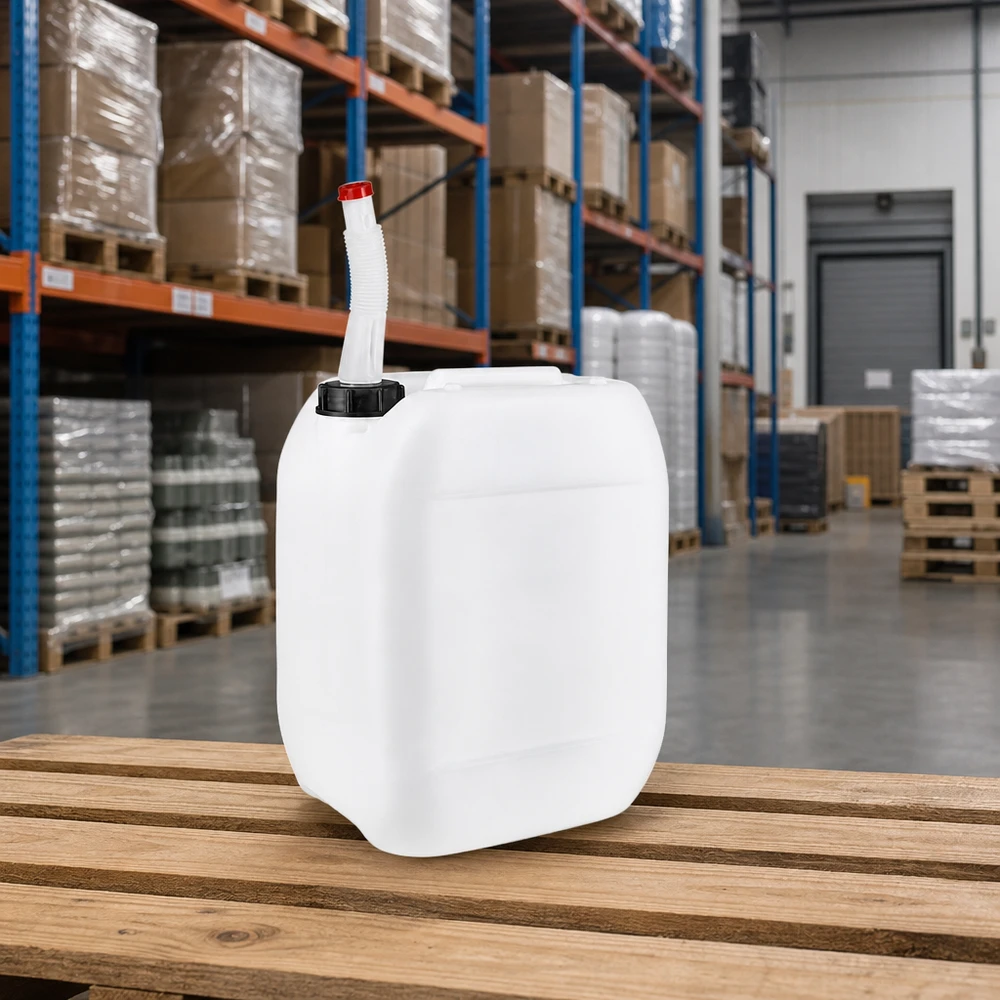 Bidon 10 litres avec tuyau d'écoulement Flex Bidon rectangulaire blanc de 10 litres avec bec verseur flexible, sur palette en bois, en stock