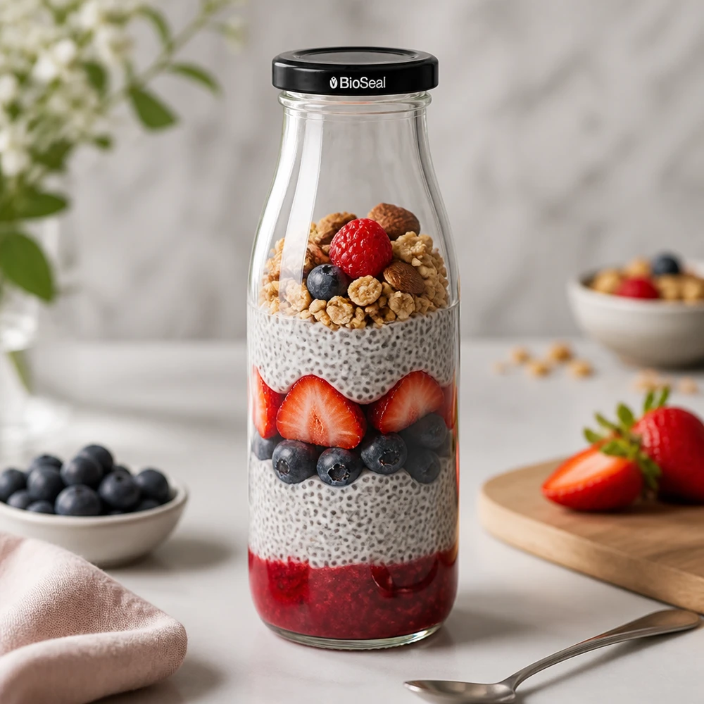 500ml Glasflasche + BioSeal Deckel schwarz UNiTWIST 500ml Glasflasche mit Chia Pudding Schichtdessert gefüllt - Beeren Nüsse und BioSeal Deckel für gesunde Mahlzeiten