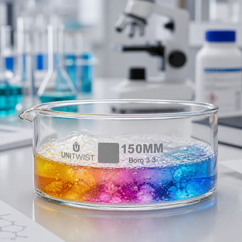 Cristallisoir ø150mm verre borosilicaté UNiTWIST Coupelle de cristallisation de 150 mm UNiTWIST Boro 3.3 avec réaction chromatique jaune, rose et bleue en laboratoire