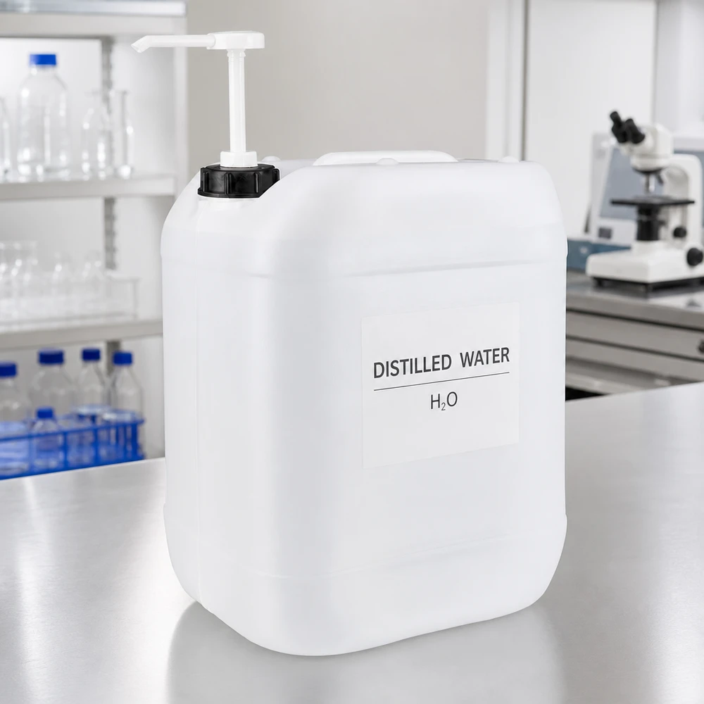 Jerrican de 20 litres avec pompe doseuse Bidon de laboratoire de 20 litres muni d'une pompe, rempli d'eau distillée H₂O, posé sur une table en acier inoxydable