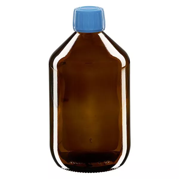 Flacone per medicinali da 500 ml marrone, tappo blu antimanomissione Flacone per medicinali da 500 ml marrone, tappo blu antimanomissione