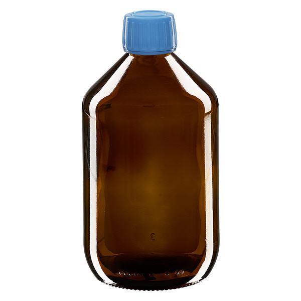 Flacone per medicinali da 500 ml marrone, tappo blu antimanomissione Flacone per medicinali da 500 ml marrone, tappo blu antimanomissione