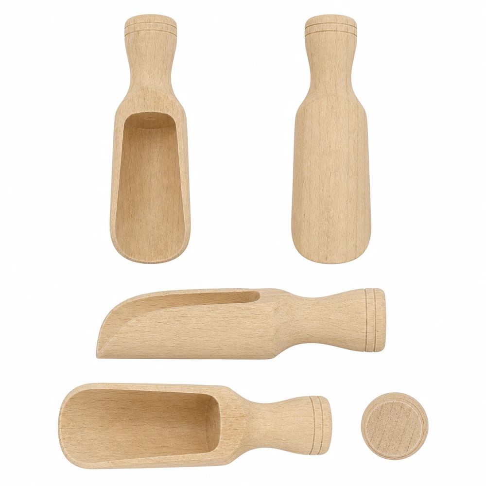 Paletta di legno taglia S a forma semicircolare lunga 7,5 cm Holzschaufel S aus Buchenholz in verschiedenen Ansichten 360 Grad Produktübersicht handgefertigte Küchenhelfer