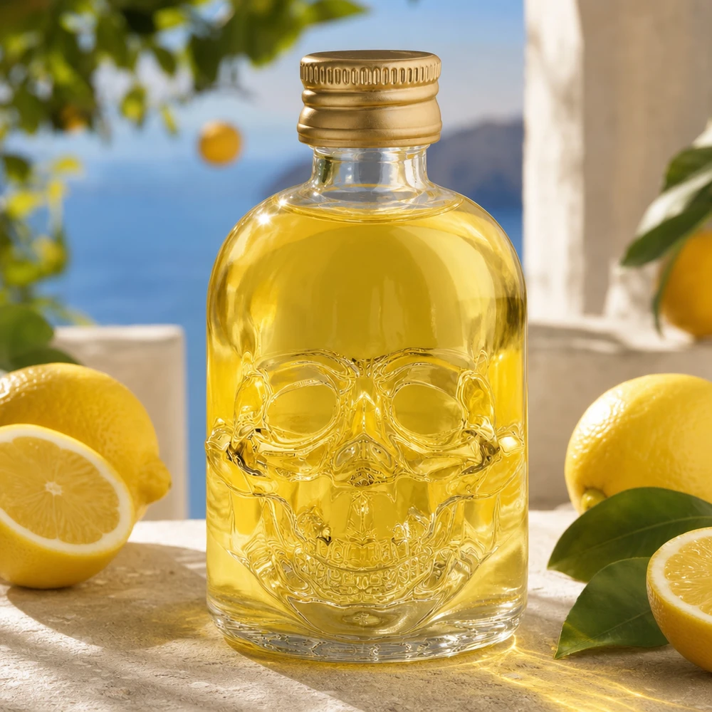 Bottiglia in vetro da 50 ml Hector con tappo a vite oro UNiTWIST® Bottiglia di vetro a teschio Hector da 50 ml con tappo dorato UNiTWIST per bevande di alta qualità