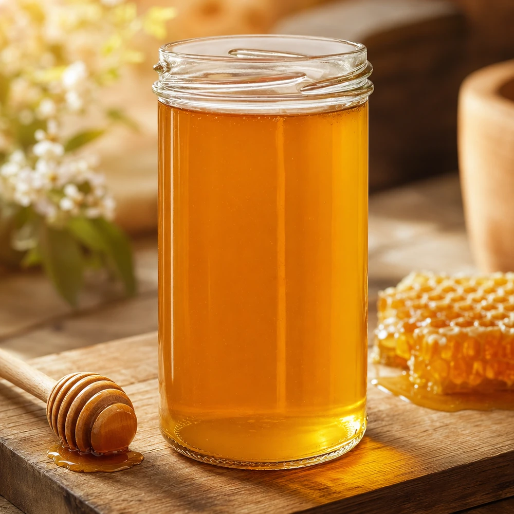 UNiTWIST Sturzglas 277ml mit goldenem Honig gefüllt auf Holzbrett mit Honiglöffel und Waben - perfekt für Marmelade und