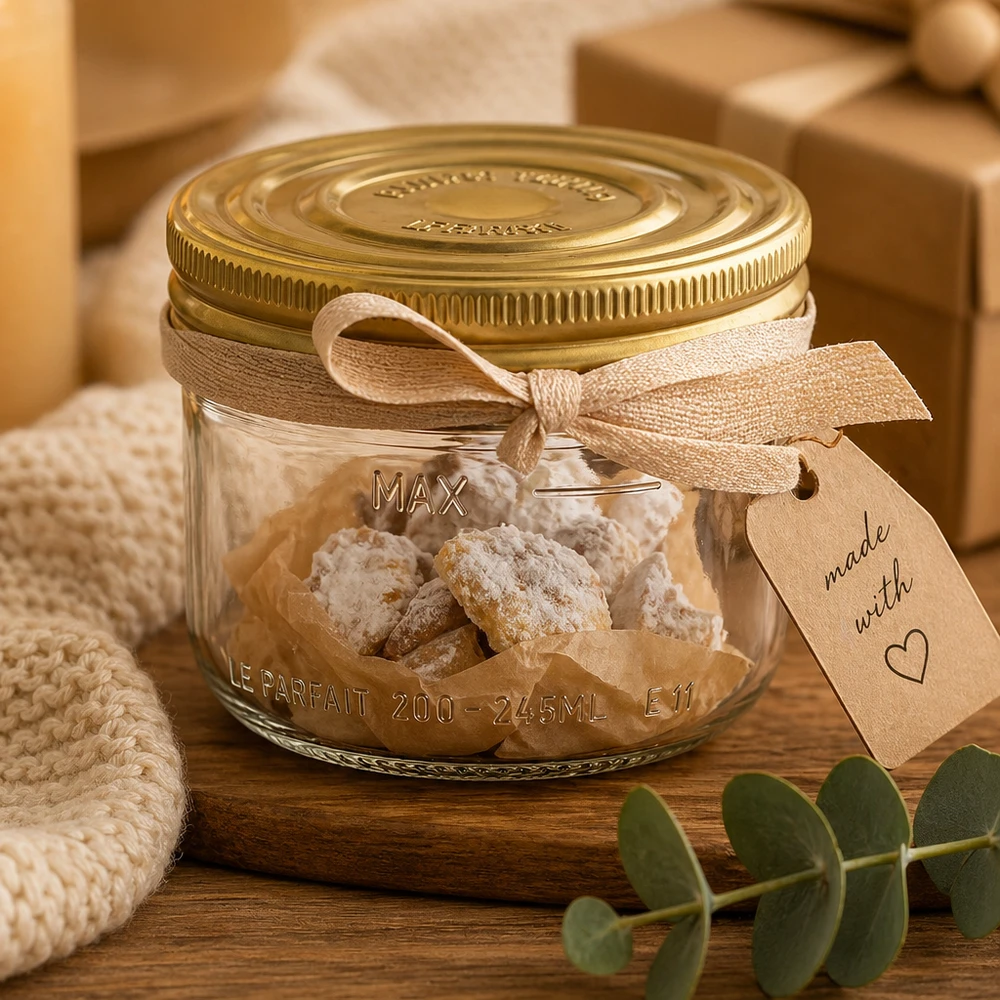 Le Parfait® Familia Wiss 200 g Ø82 mm vaso Bicchieri Familia Wiss da 245 ml con coperchio dorato riempiti di dolci bianchi e nastro regalo su un tavolo di legno