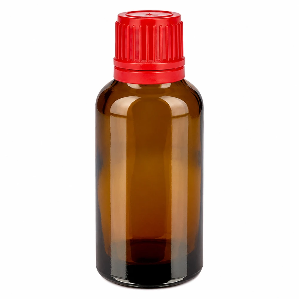 30ml Flasche 11mm Schraubverschluss rot Originalitätsverschluss BrownLine UT18/30 Hochwertige 30ml Flasche aus dunklem Glas mit rotem Verschluss für lichtempfindliche Stoffe